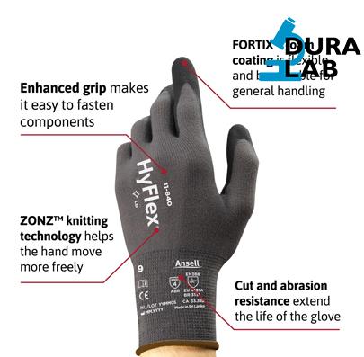 ANSELL® 11-840 HyFlex Mechanical Abrasion & Grip Resistant Nitrile Palm Coated Glove Knit Wrist Black Size 7-11